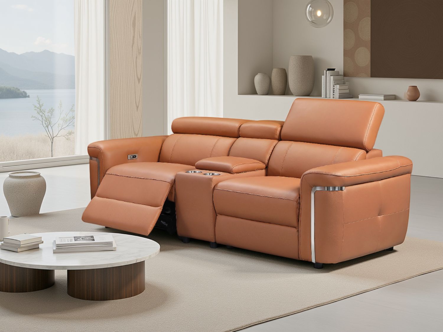 Tan Leather 2 Seater Electric Recliner Sofa Chrome Trimmed
